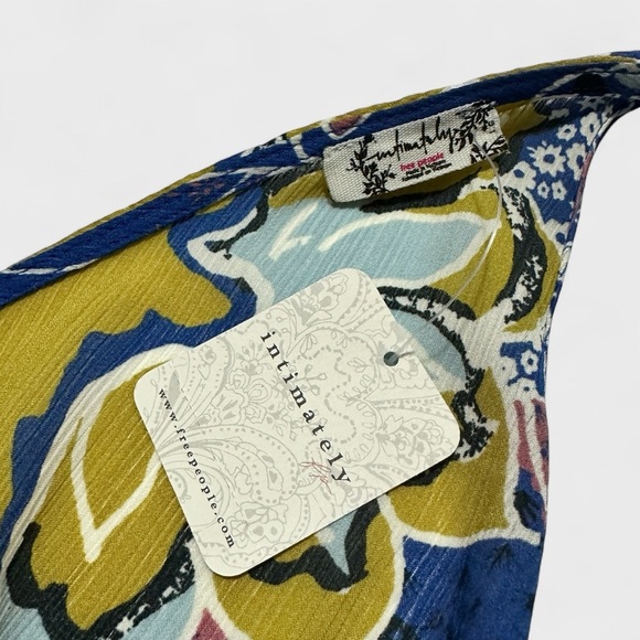 Free People Crop Top Large Blue Gold Weekend In Montauk Floral Smocked NWT - Picture 9 of 14